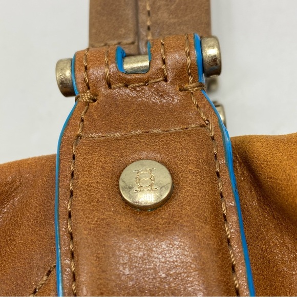 Olivia Harris tan leather tote shoulder bag subtle blue trim - Picture 8 of 12